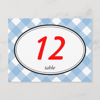 Blue gingham country rustic wedding table number postcard
