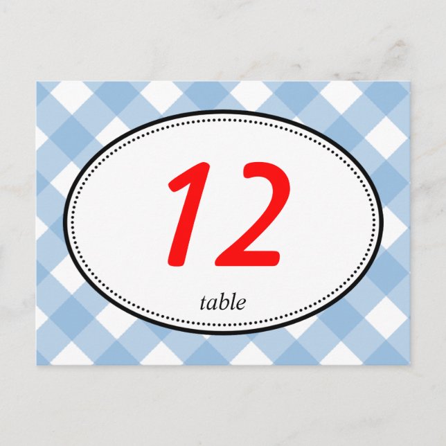 Blue gingham country rustic wedding table number postcard (Front)
