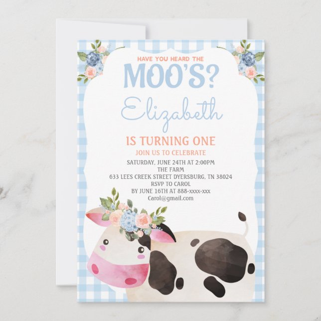 Blue Gingham Cow Birthday Girl Barnyard Invitation (Front)