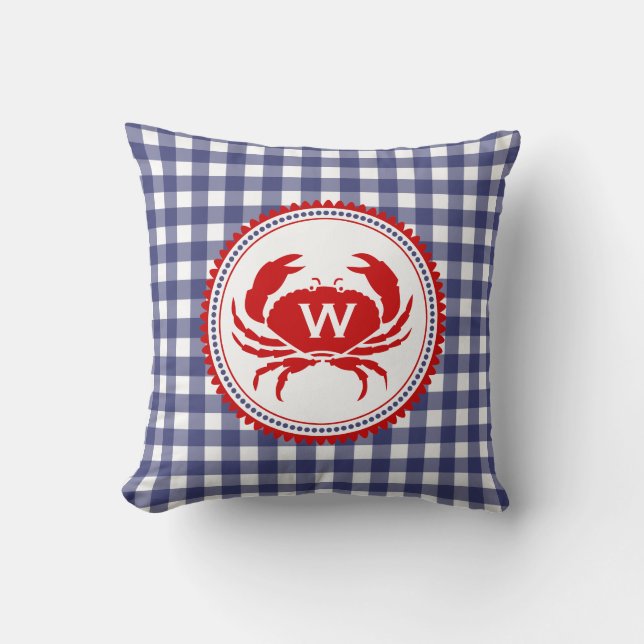 Blue Gingham & Crab Monogram Pillow (Front)