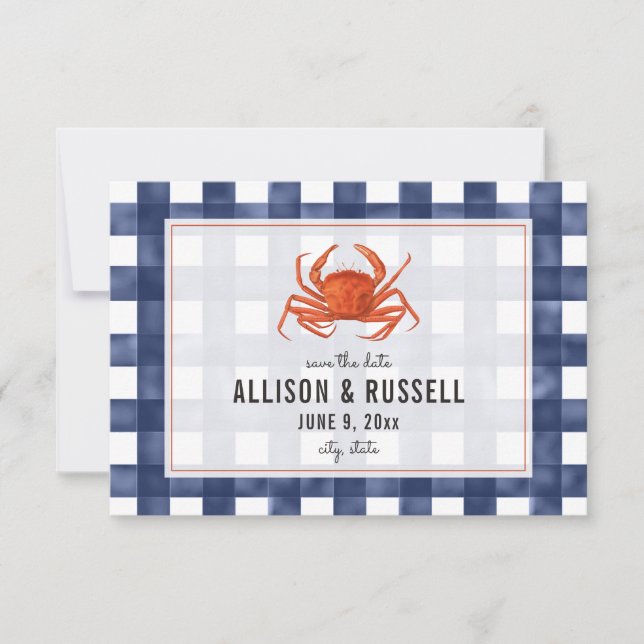 Blue Gingham Crab Rustic Wedding Save The Date (Front)