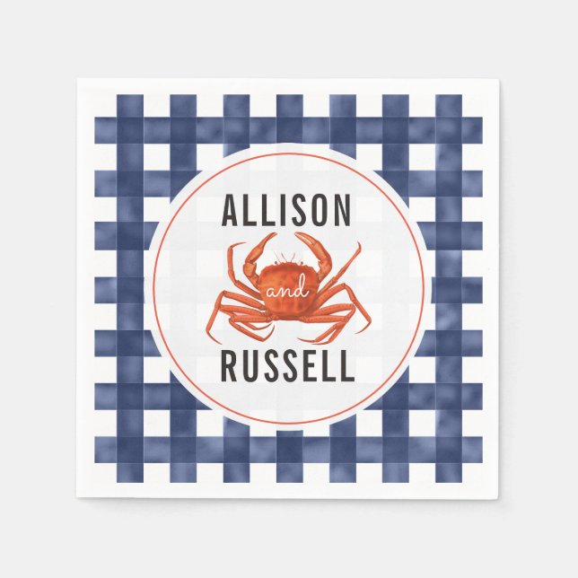Blue Gingham Crab Wedding Napkins (Front)