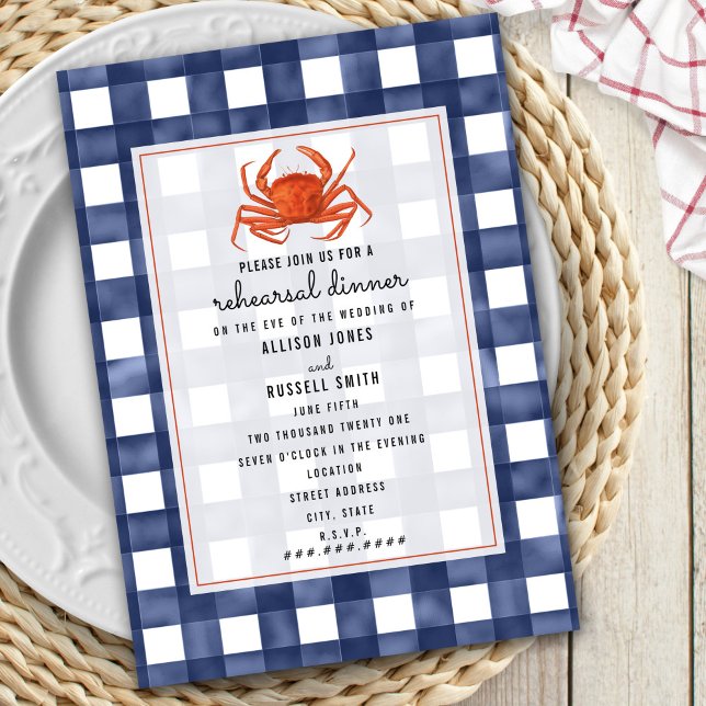 Blue Gingham Crab Wedding Rehearsal Dinner Invitation (Creator Uploaded)