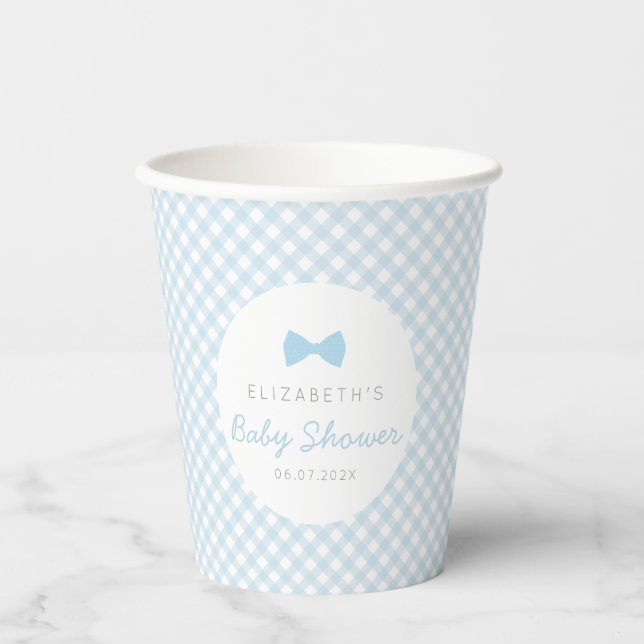 Blue gingham cute bow tie boy baby shower paper cups (Front)