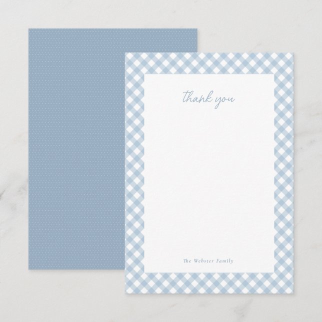 Blue gingham cute personalised baby shower thank you card (Front/Back)
