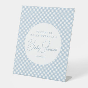 Blue gingham cute simple personalised baby shower pedestal sign