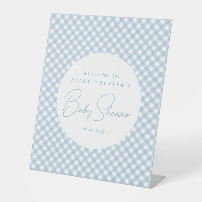 Blue gingham cute simple personalised baby shower pedestal sign (Front)