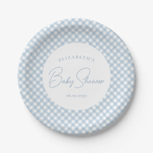 Blue gingham cute simple personalized baby shower paper plate