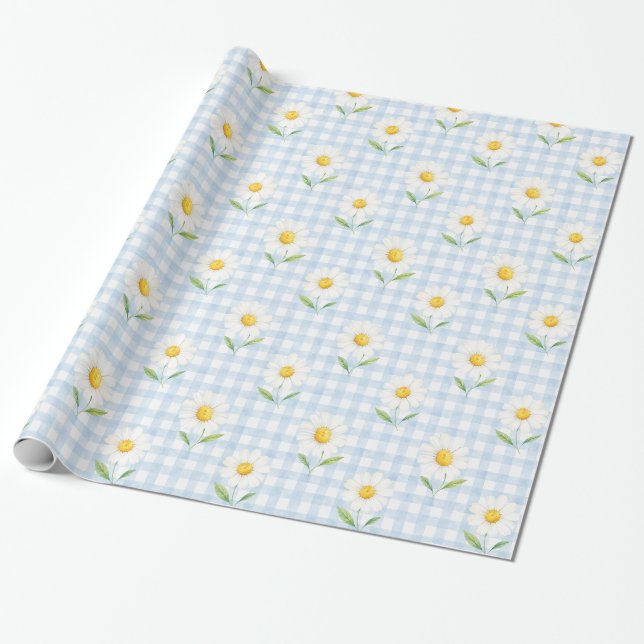 Blue Gingham Daisy Watercolor Floral Gift Wrap (Unrolled)
