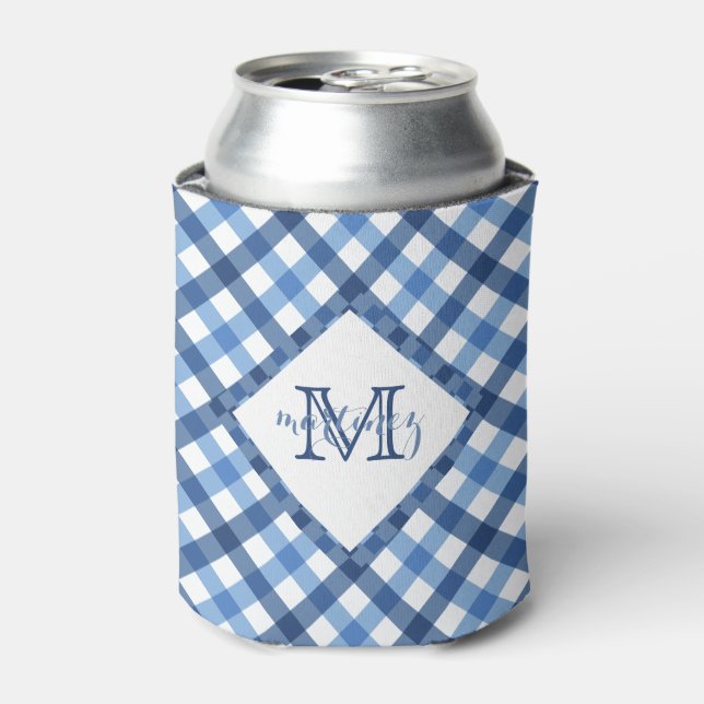 Blue gingham diamond monogram name can cooler (Can Front)