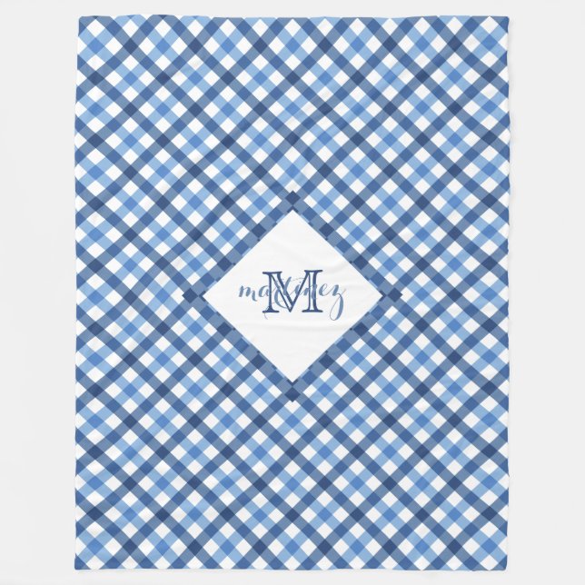 Blue gingham diamond monogram name fleece blanket (Front)