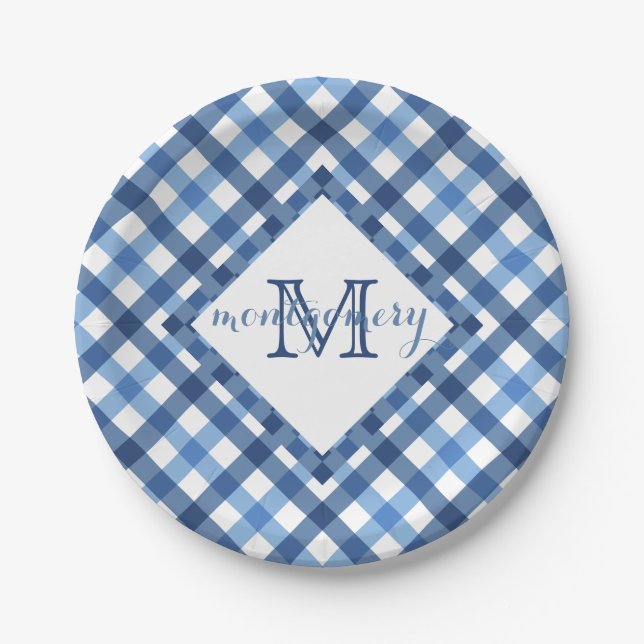 Blue gingham diamond monogram name paper plate (Front)