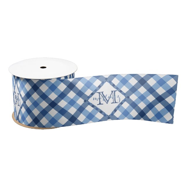 Blue gingham diamond monogram name wide only satin ribbon (Spool)