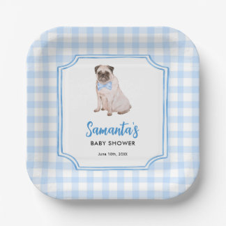 Blue Gingham Dog Boy Baby Shower Paper Plate