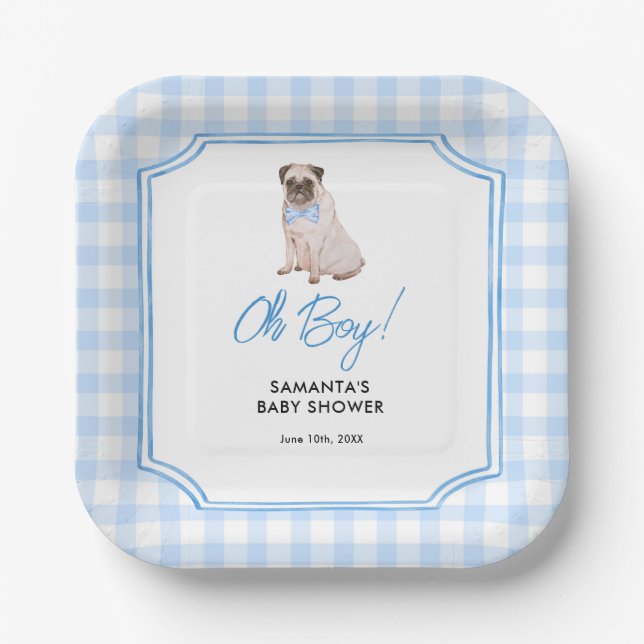 Blue Gingham Dog Boy Baby Shower Paper Plate (Front)