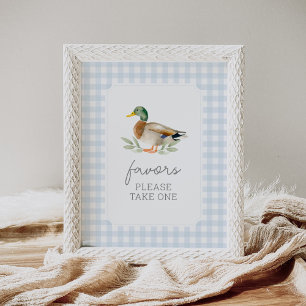 Blue Gingham Duck Baby Shower Favors Sign