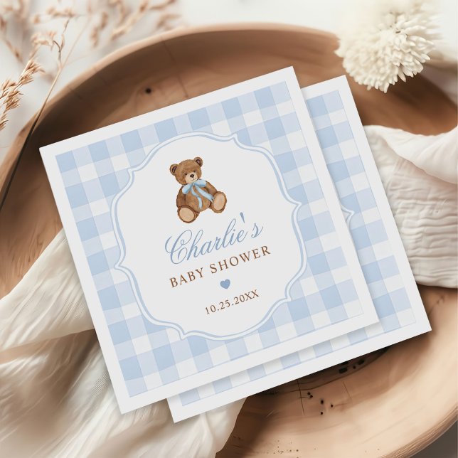 Blue Gingham Elegant Teddy Bear Baby Shower Napkin (Creator Uploaded)
