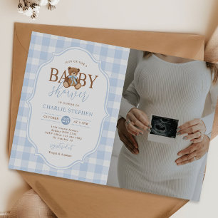 Blue Gingham Elegant Teddy Bear Baby Shower Photo Invitation