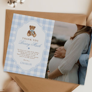Blue Gingham Elegant Teddy Bear Baby Shower Photo Thank You Card