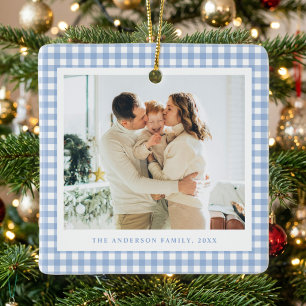 Blue Gingham Family Photo Ceramic Ornament