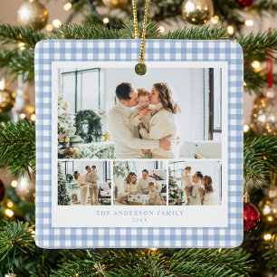 Blue Gingham Family Photo Collage Ceramic Ornament