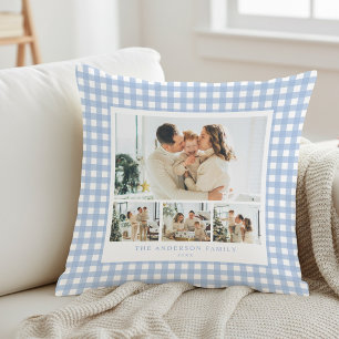 Blue Gingham Family Photo Collage Cushion