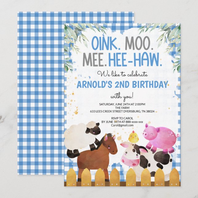 Blue Gingham Farm Animals Boy Birthday Barnyard Invitation (Front/Back)