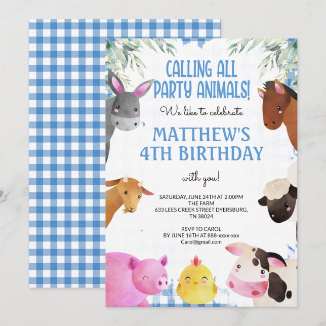Blue Gingham Farm Animals Boy Birthday Barnyard Invitation (Front/Back)
