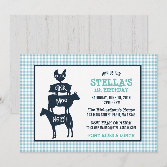 Blue Gingham Farm Theme Animal Birthday Invitation (Front/Back)