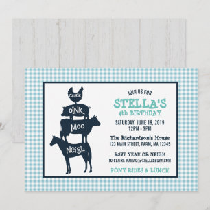 Blue Gingham Farm Theme Animal Birthday Invitation