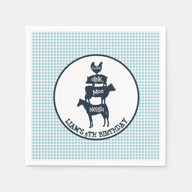 Blue Gingham Farm Theme Animal Birthday Napkin (Front)