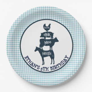 Blue Gingham Farm Theme Animal Girl Birthday Paper Plate