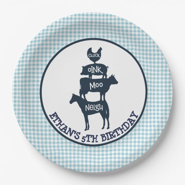 Blue Gingham Farm Theme Animal Girl Birthday Paper Plate (Front)