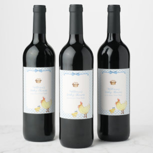 Blue Gingham Farmer Little Chick Boy Baby Shower Wine Label