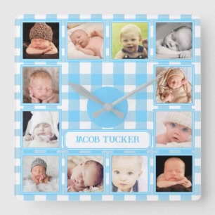 Blue Gingham Farmhouse 12-photo Boy Nursery Square Wall Clock