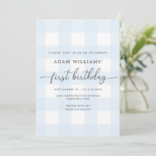 Blue Gingham First Birthday Invitation