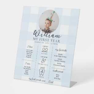 Blue Gingham First Birthday Milestone Timeline Pedestal Sign