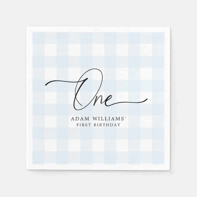 Blue Gingham First Birthday Paper Napkin (Front)