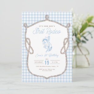 Blue Gingham First Rodeo 1st Birthday Cowboy Invitation