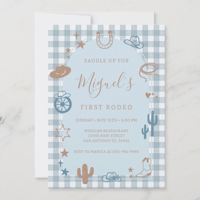Blue Gingham First Rodeo Wild West Birthday Invitation (Front)