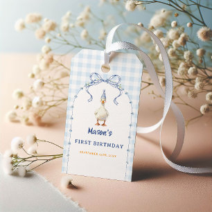 Blue Gingham Floral Arch Boy First Birthday Gift Tags