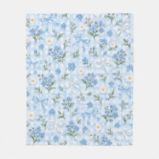 Blue Gingham Floral Bows and Daisies Pattern Fleece Blanket