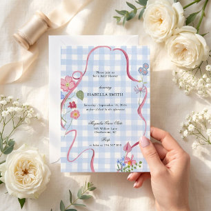 Blue Gingham Floral Ribbon Baby Shower Invitation