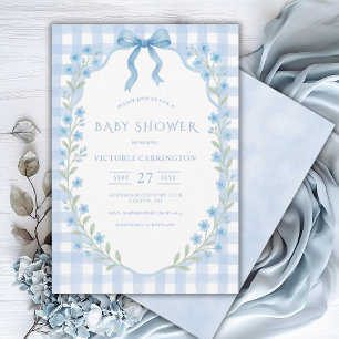 Blue Gingham Floral Vintage Baby Shower Invitation
