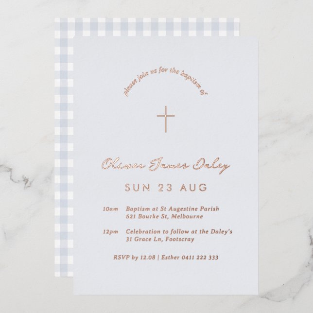 Blue Gingham Foil Baptism Christening Invitation (Front/Back)