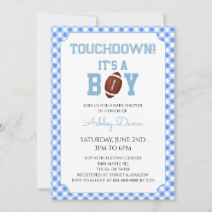 Blue Gingham Football Baby Shower Invitation