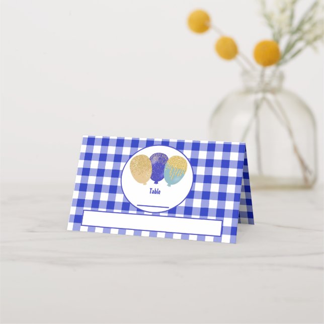 Blue Gingham Glitter Blue Party Balloons Birthday Place Card (Front)