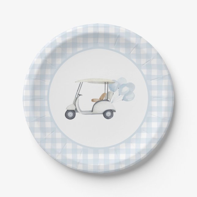 Blue Gingham Golf Baby Shower Paper Plate (Front)