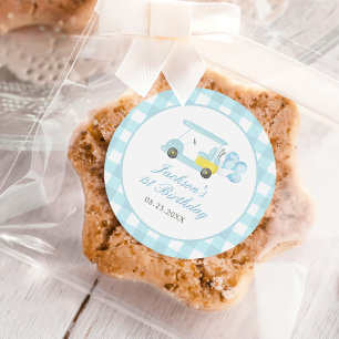 Blue Gingham Golf Boy 1st Birthday Classic Round Sticker