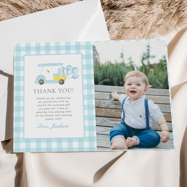 Blue Gingham Golf Boy 1st Birthday Photo Thank You Card (Creator Uploaded)